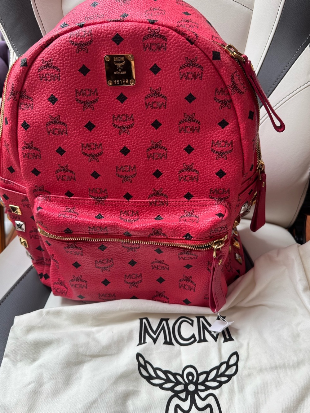 MCM Pink Logo Visetos Leather Backpack with Gold Hardware